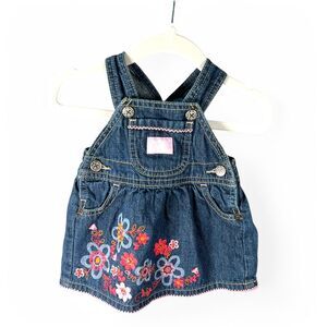OshKosh B'gosh Denim Overall‎ Dress Baby 3M Floral Embroidered Baby Girl Jumper